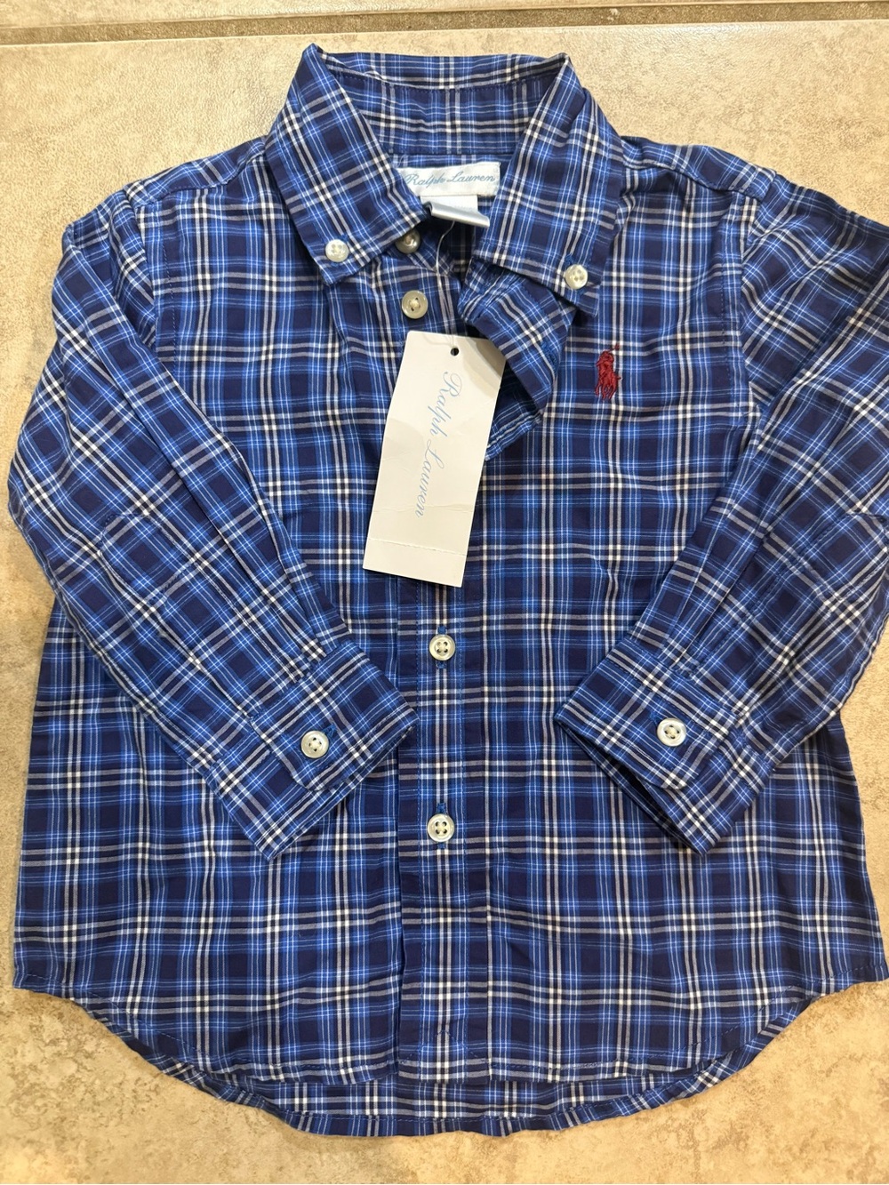 NWT Ralph Lauren Blue Plaid Button-Down Shirt with Red Polo Logo 12 mos